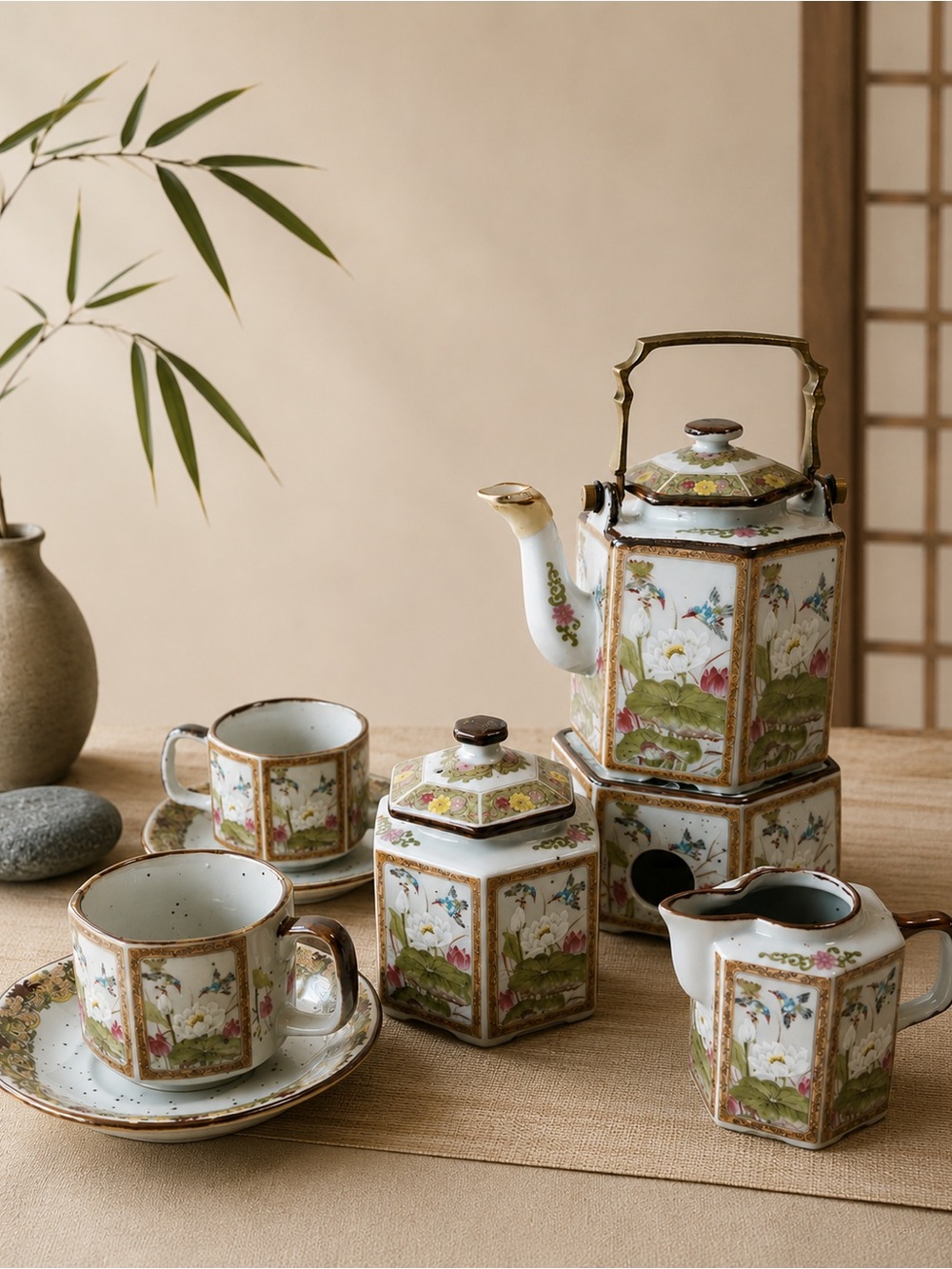 VTG Japanese Asian Birds Oriental Brass Handle Traditional Teapot Set Collection